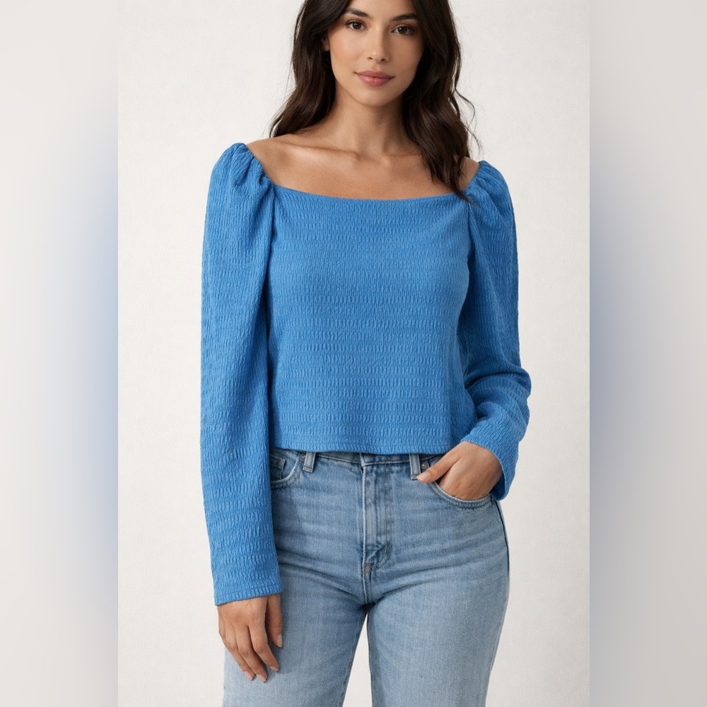 H&M puff sleeve textured long sleeve top everyday medium cornflower blue